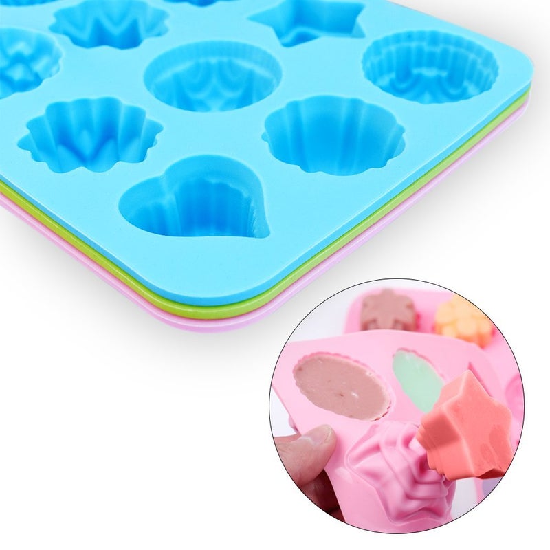 homEdge Food Grade Silicone Flowers Molds, Baking Pan with Flowers and Heart Shape Non-Stick 3-Pack Silicone Molds for Chocolate, Candy, Jelly, Ice Cube, Muffin (Pink, Blue and Green) - Image 3
